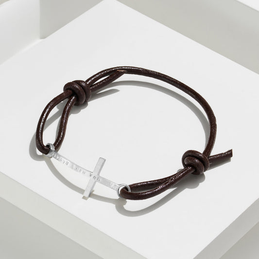 Men's Personalised Silver Cross Leather Bracelet