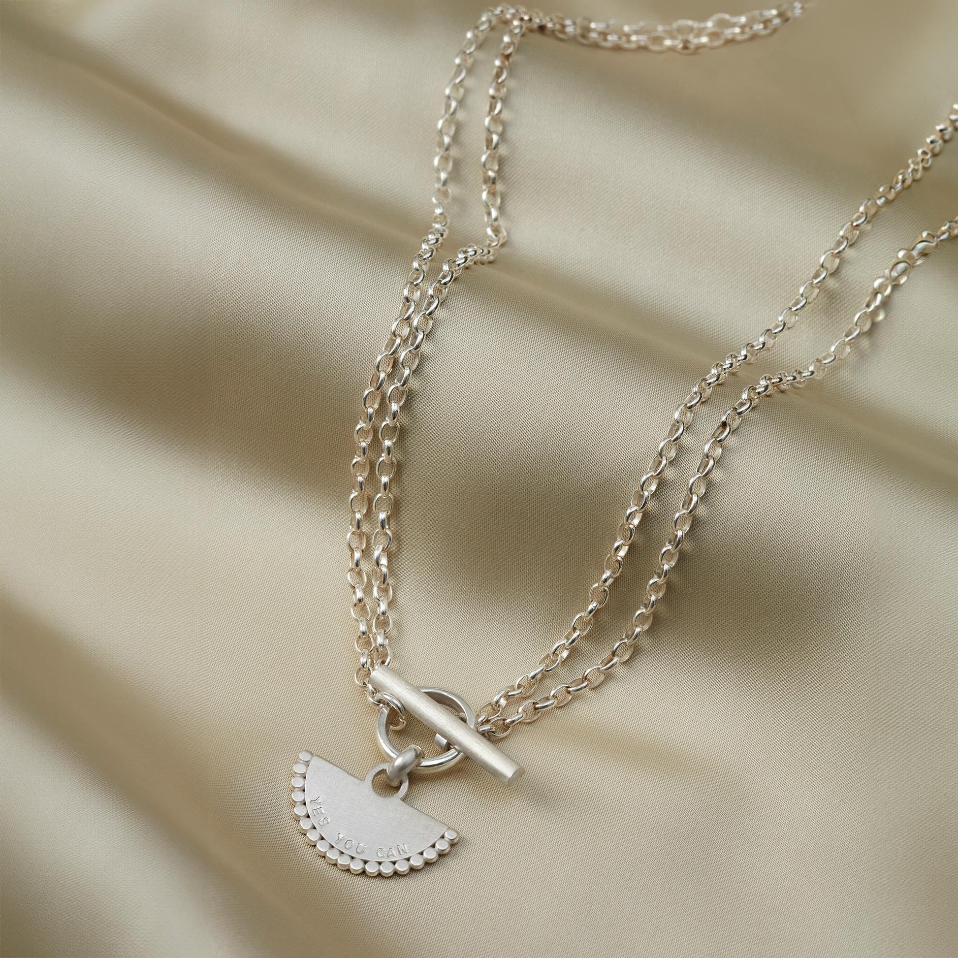 Sterling silver fan necklace with double belcher chain and T-bar clasp, personalised pendant.