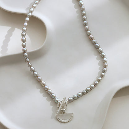 Personalised Fan Grey Pearl Necklace with T-Bar Clasp – Sterling Silver