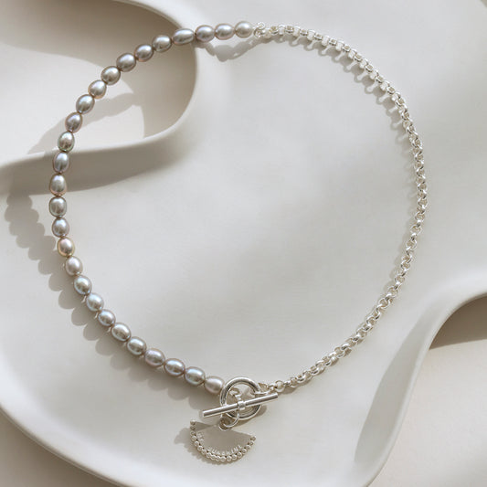 Asymmetric half pearl and half silver chain necklace with personalised fan pendant.