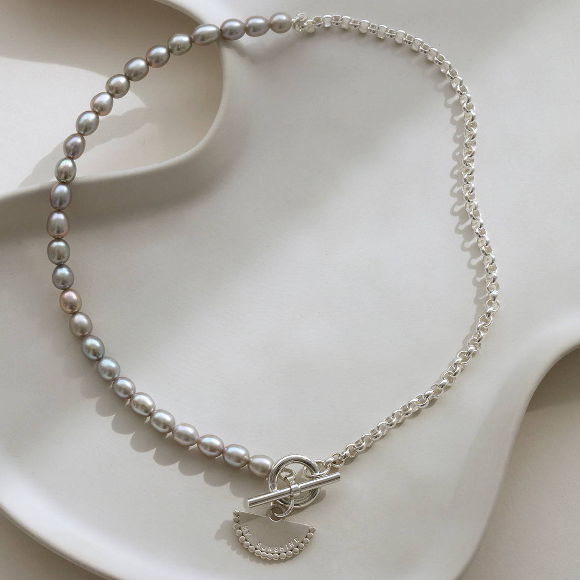 Sterling silver t-bar necklace with freshwater pearls and personalised fan pendant.