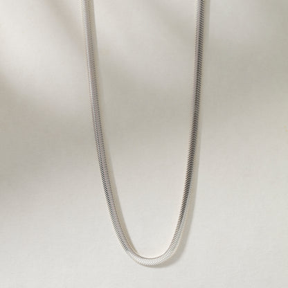 Flat silver snake chain necklace close-up, catching light with its sleek, polished design.