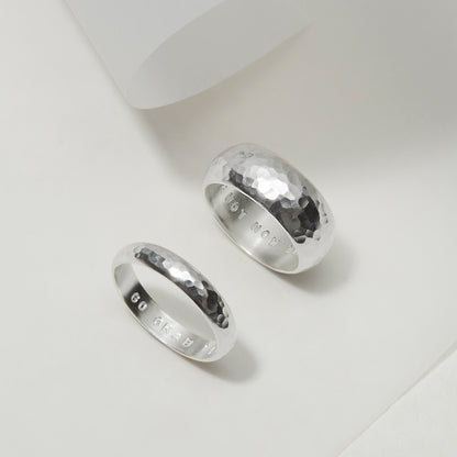 Matching Couples Hammered Dome Silver Ring Set