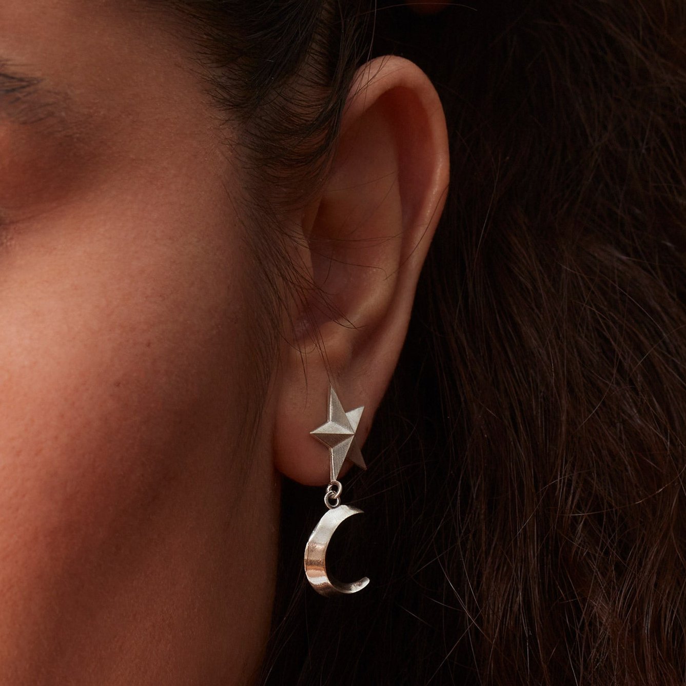 Star & Moon Mismatched Earrings Silver