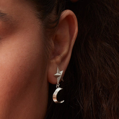 Star & Moon Mismatched Earrings Silver