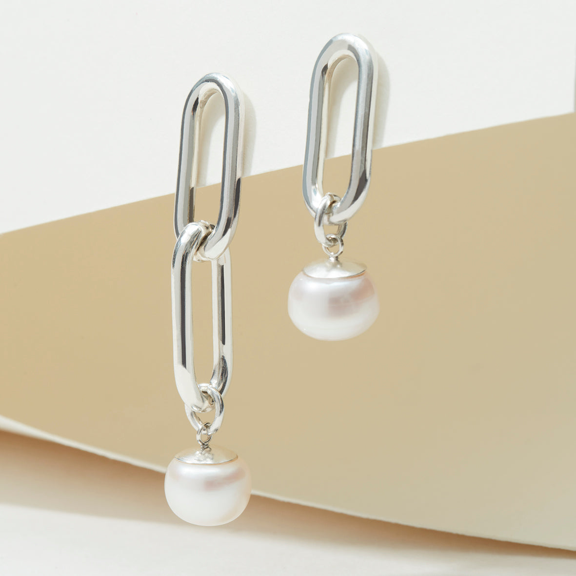 Mismatched Silver Link Earrings with Freshwater Pearl Drop