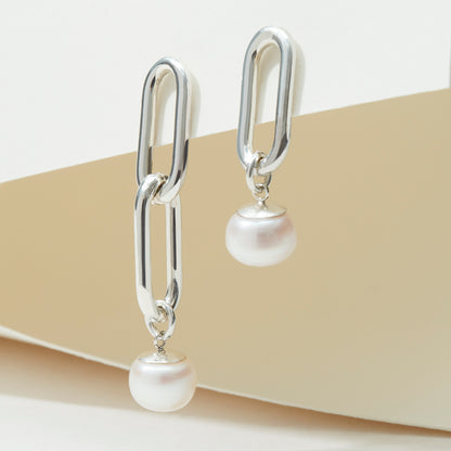 Mismatched Silver Link Earrings with Freshwater Pearl Drop