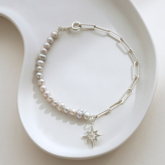 Half Pearl & Silver Paperclip Chain Star Charm Bracelet