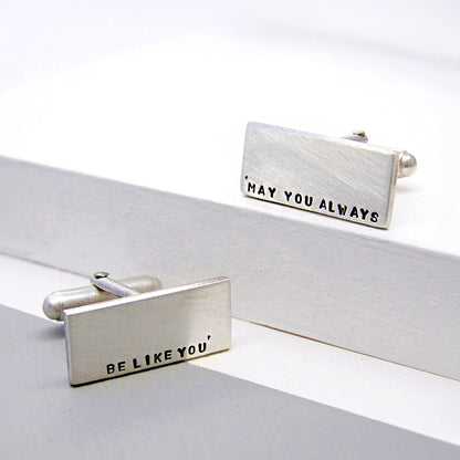 Elegant personalised sterling silver cufflinks, brushed matt finish, hand-stamped with personalised text.