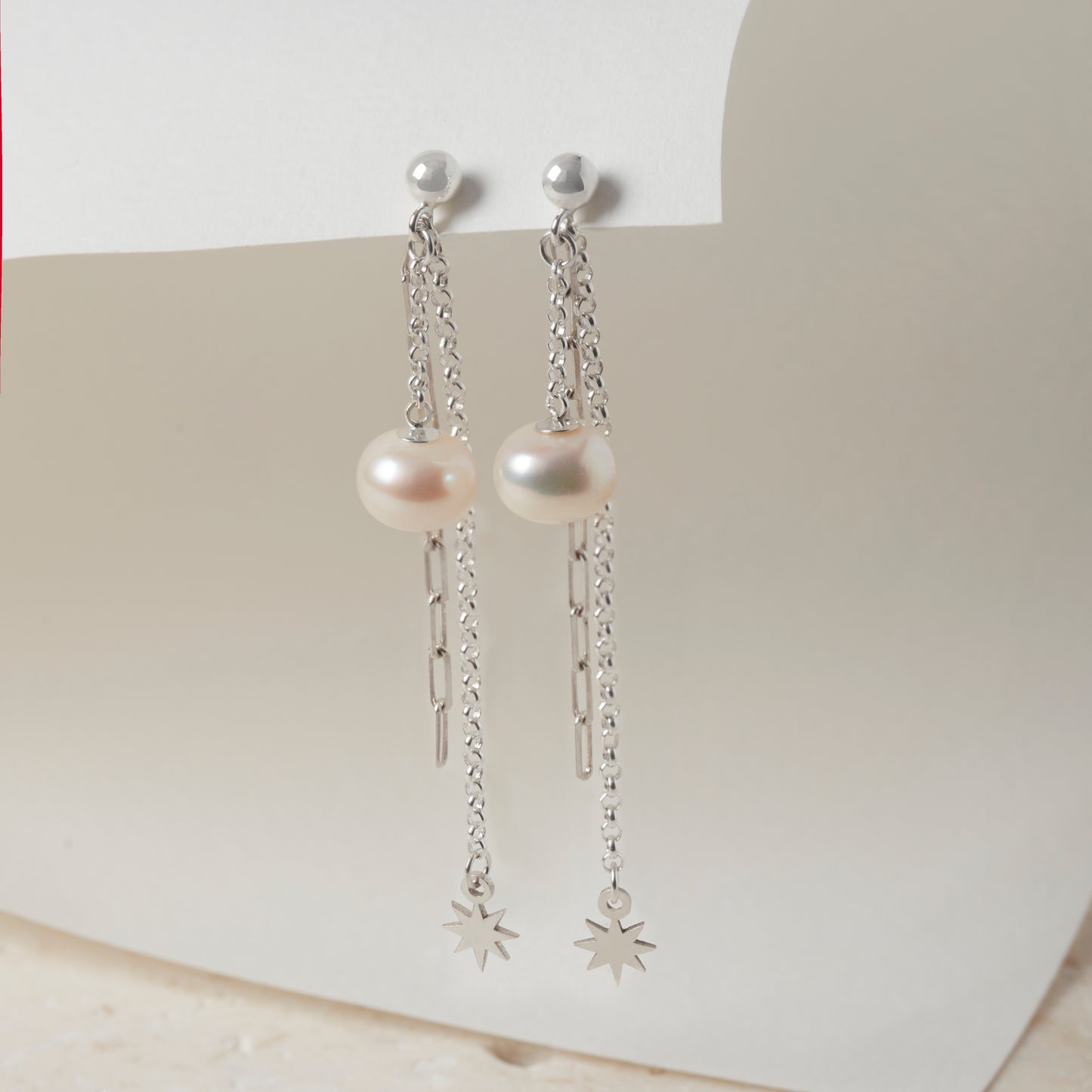 Sterling Silver Pearl & Star Drop Earrings