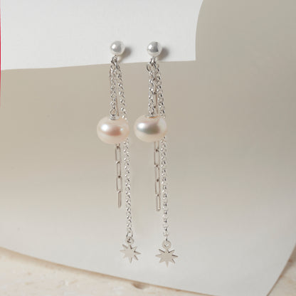 Sterling Silver Pearl & Star Drop Earrings