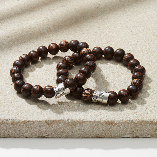 Round wood bead bracelet for men with a personalised silver scroll charm