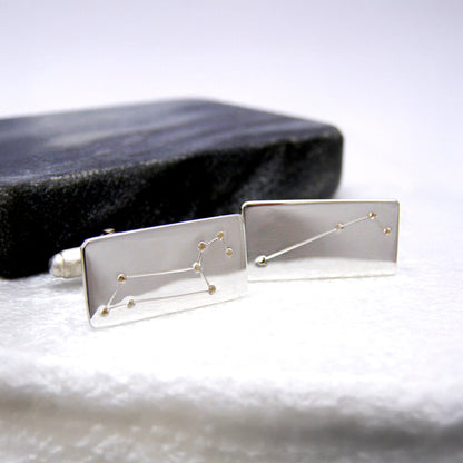 Sterling Silver Constellation Cufflinks featuring Aries and Leo star signs.
