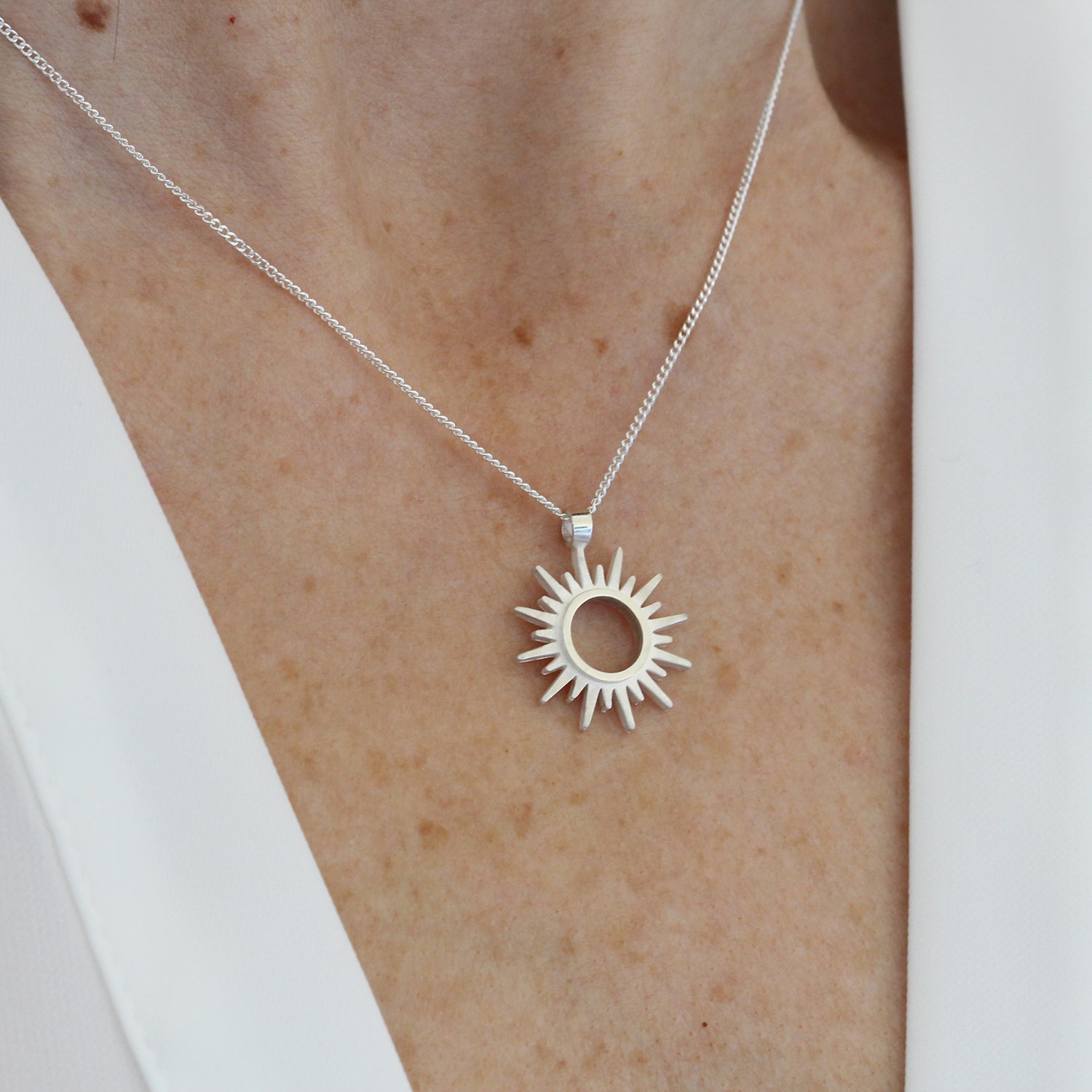 black sun necklace silver smiling sun with paperclip chain - Eleni Pantagis